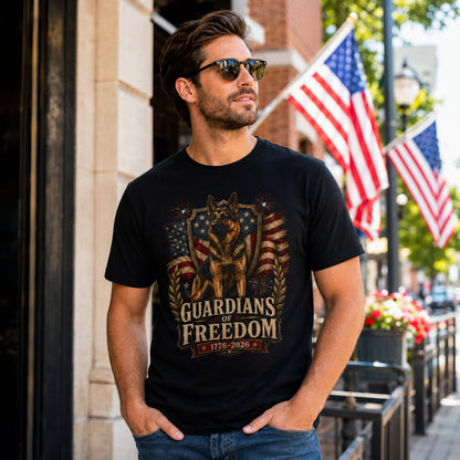 Man wearing a black Guardians of Freedom K-9 T-shirt with a German Shepherd patriotic graphic in an urban street scene with American flags.