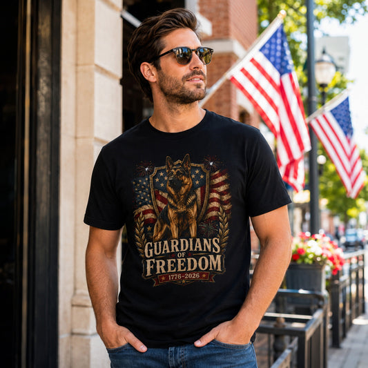 Man wearing a black Guardians of Freedom K-9 T-shirt with a German Shepherd patriotic graphic in an urban street scene with American flags.