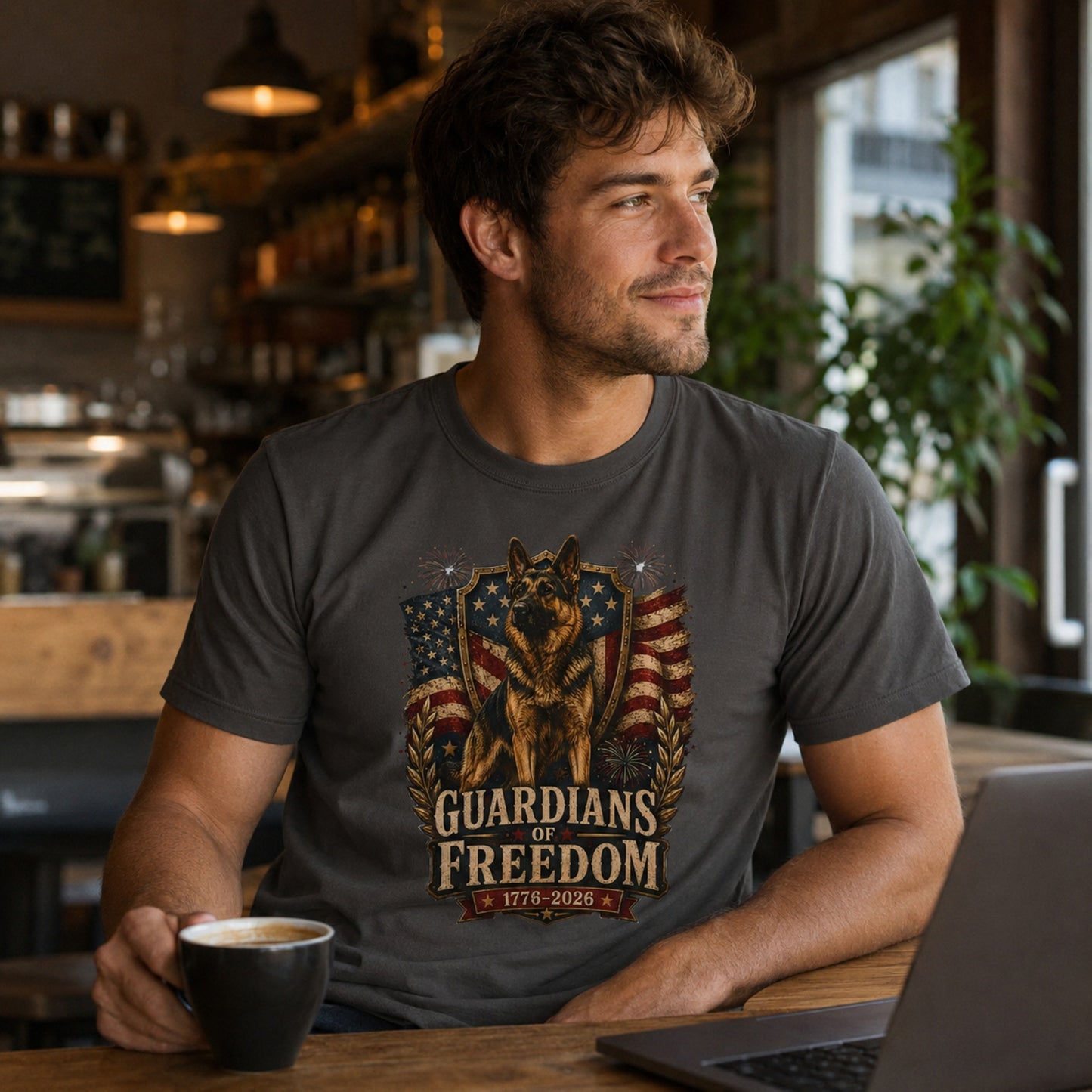 Man wearing a graphite Guardians of Freedom K-9 T-shirt with a German Shepherd patriotic graphic while holding a coffee mug near a laptop in a coffee shop.