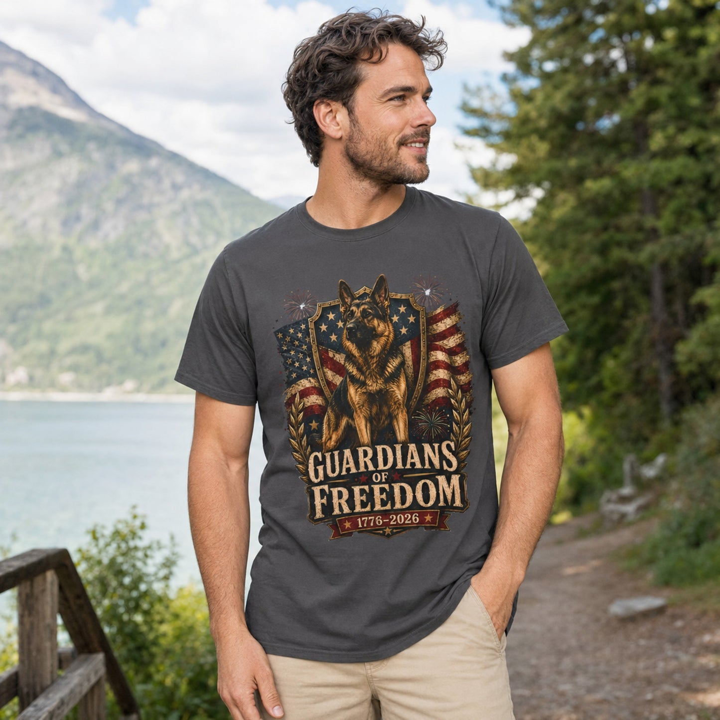 Man wearing a graphite Guardians of Freedom K-9 T-shirt with a German Shepherd patriotic graphic near a mountain lakeside path.