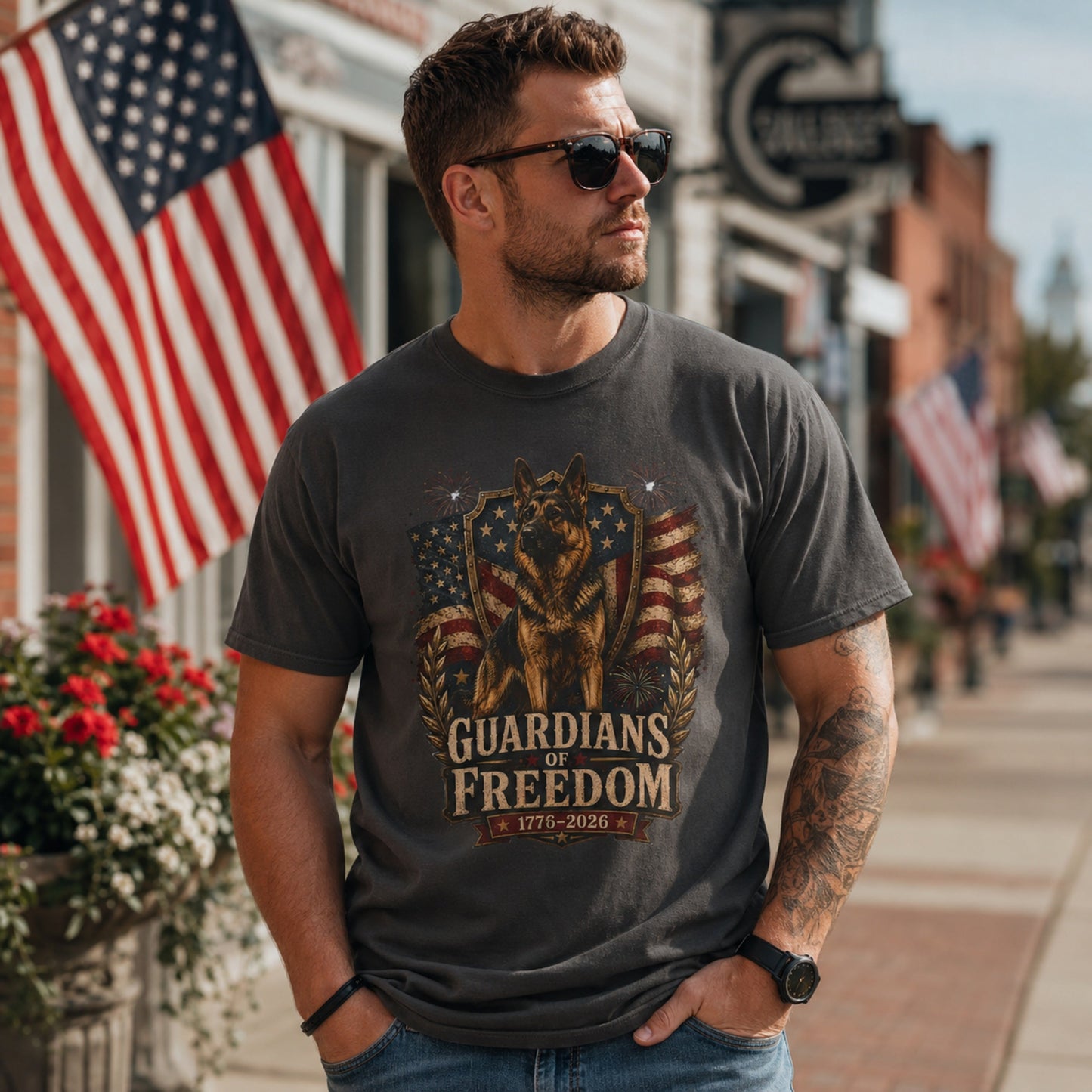 Man wearing a graphite Guardians of Freedom K-9 T-shirt with a German Shepherd patriotic graphic in an urban street scene with American flags.