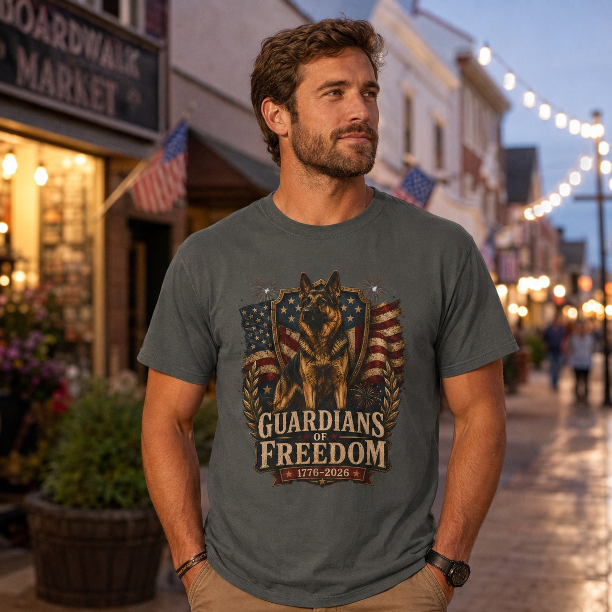 Man wearing a pepper Guardians of Freedom K-9 T-shirt with a German Shepherd patriotic graphic in an evening street scene with American flags.