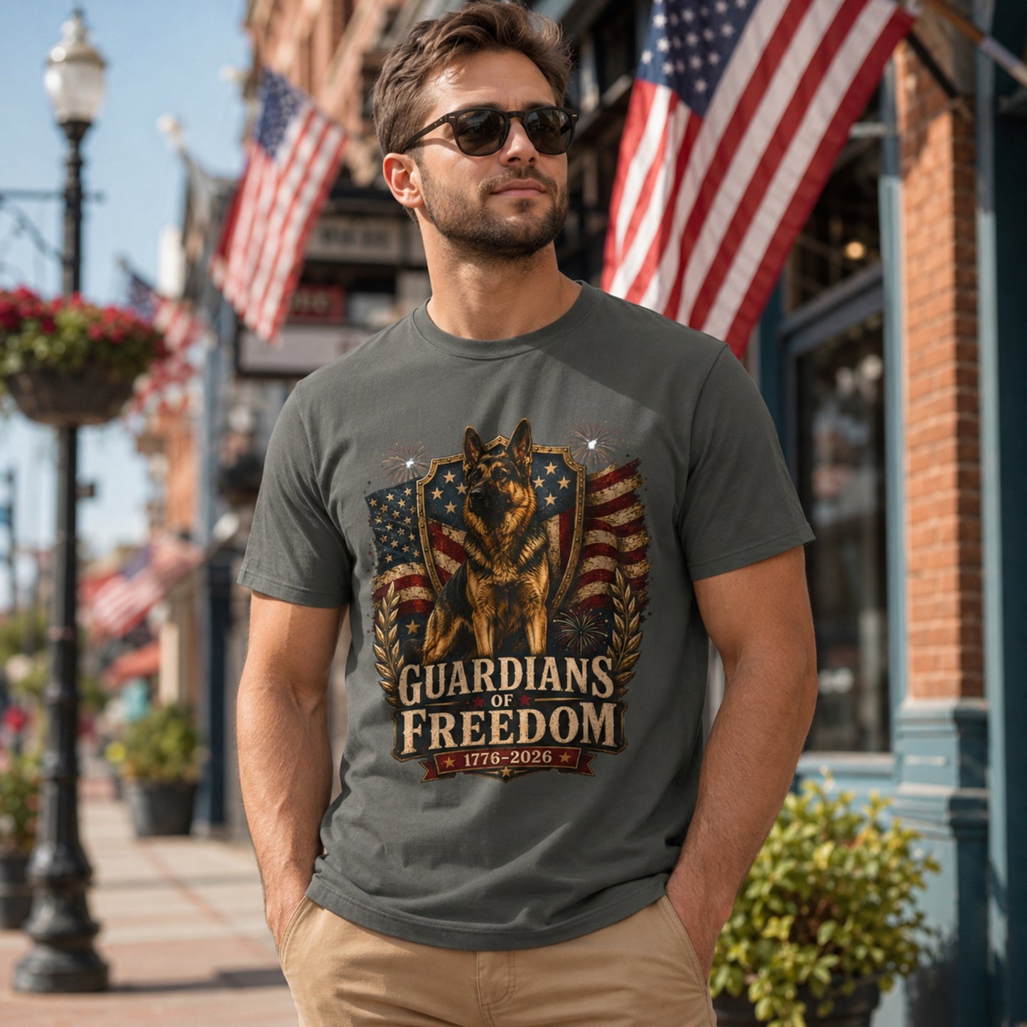 Man wearing a pepper Guardians of Freedom K-9 T-shirt with a German Shepherd patriotic graphic in an urban street scene with American flags.