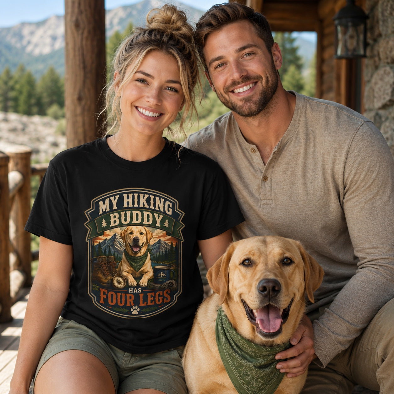 Couple sitting with golden retriever on a cabin porch, wearing black hiking buddy dog t-shirt