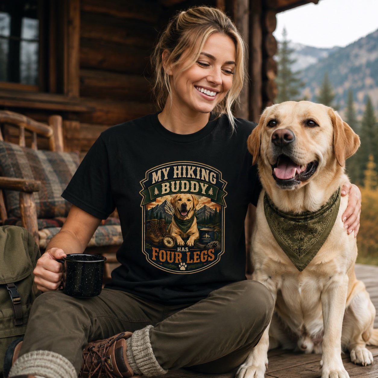 Woman sitting with golden retriever on a cabin porch, wearing black hiking buddy dog t-shirt