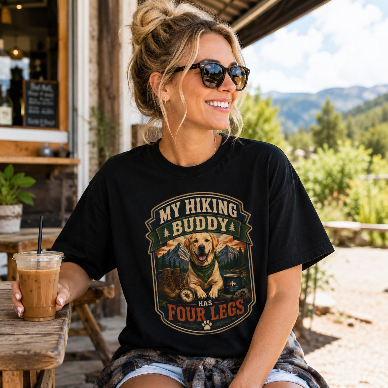 Woman in black hiking dog t-shirt with sunglasses, holding iced coffee outside a cafe