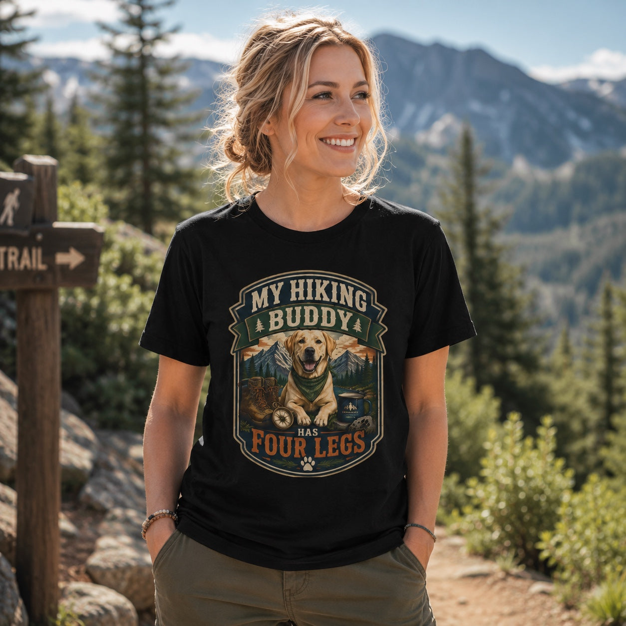 Woman wearing black 'My Hiking Buddy Has Four Legs' dog t-shirt on a mountain hiking trail