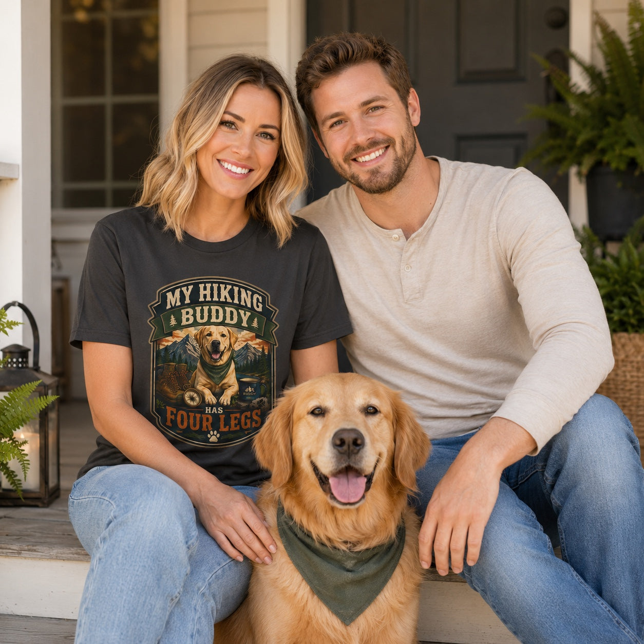 Couple sitting on porch steps with golden retriever, wearing graphite hiking buddy dog t-shirt