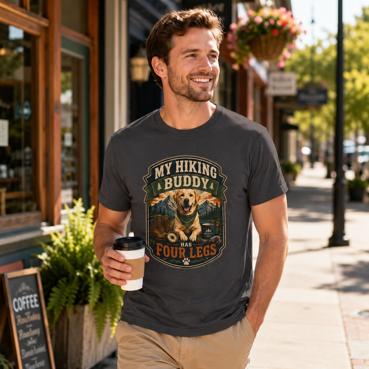 Man in graphite hiking dog t-shirt walking a downtown street holding coffee