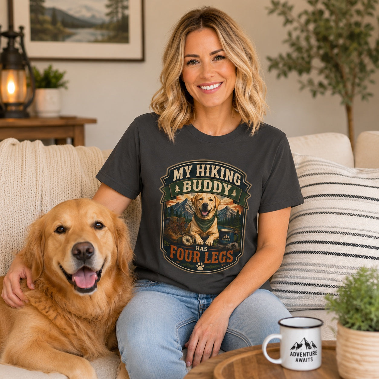Woman sitting on couch with golden retriever, wearing graphite hiking buddy dog t-shirt
