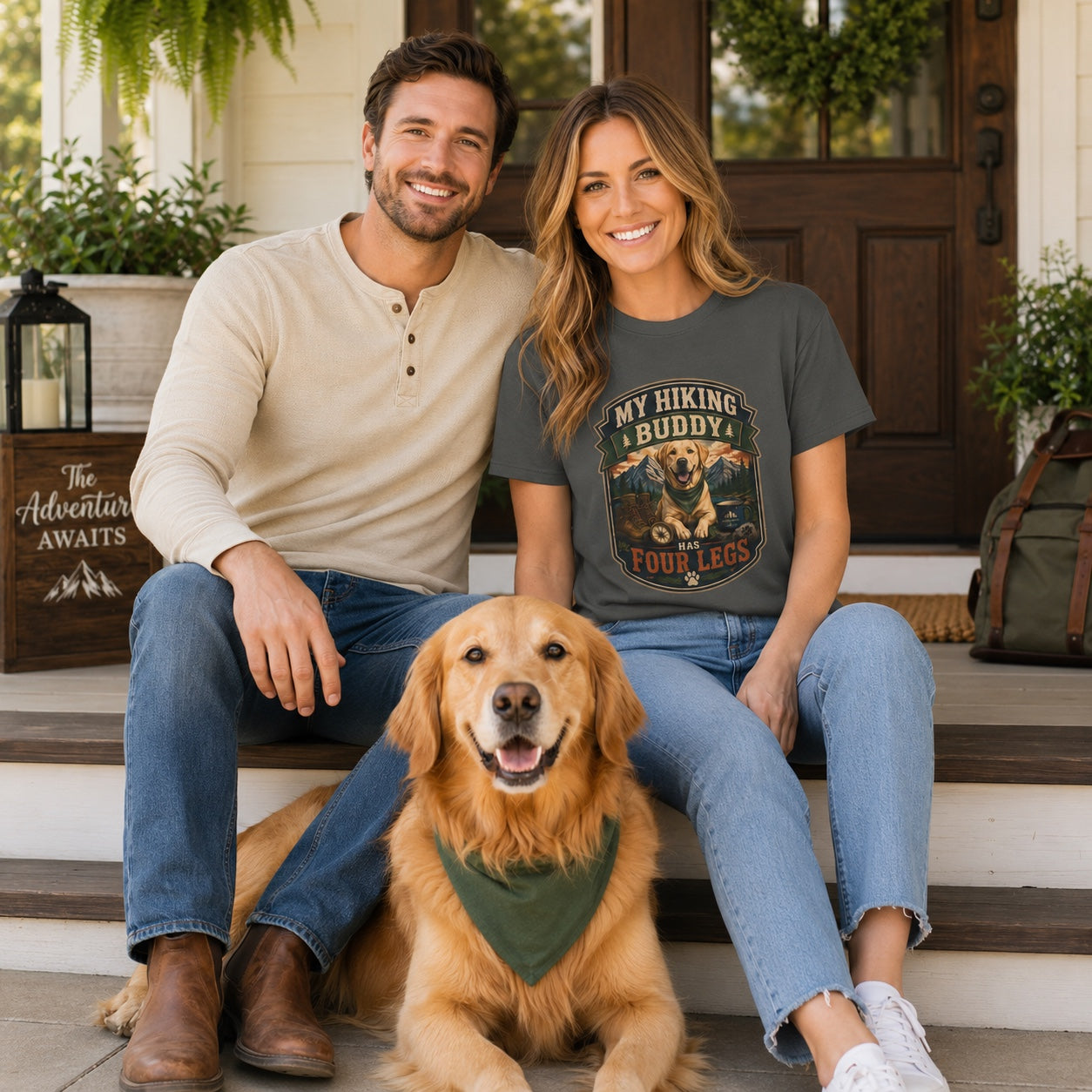 Couple sitting on front steps with golden retriever, wearing pepper hiking buddy dog t-shirt