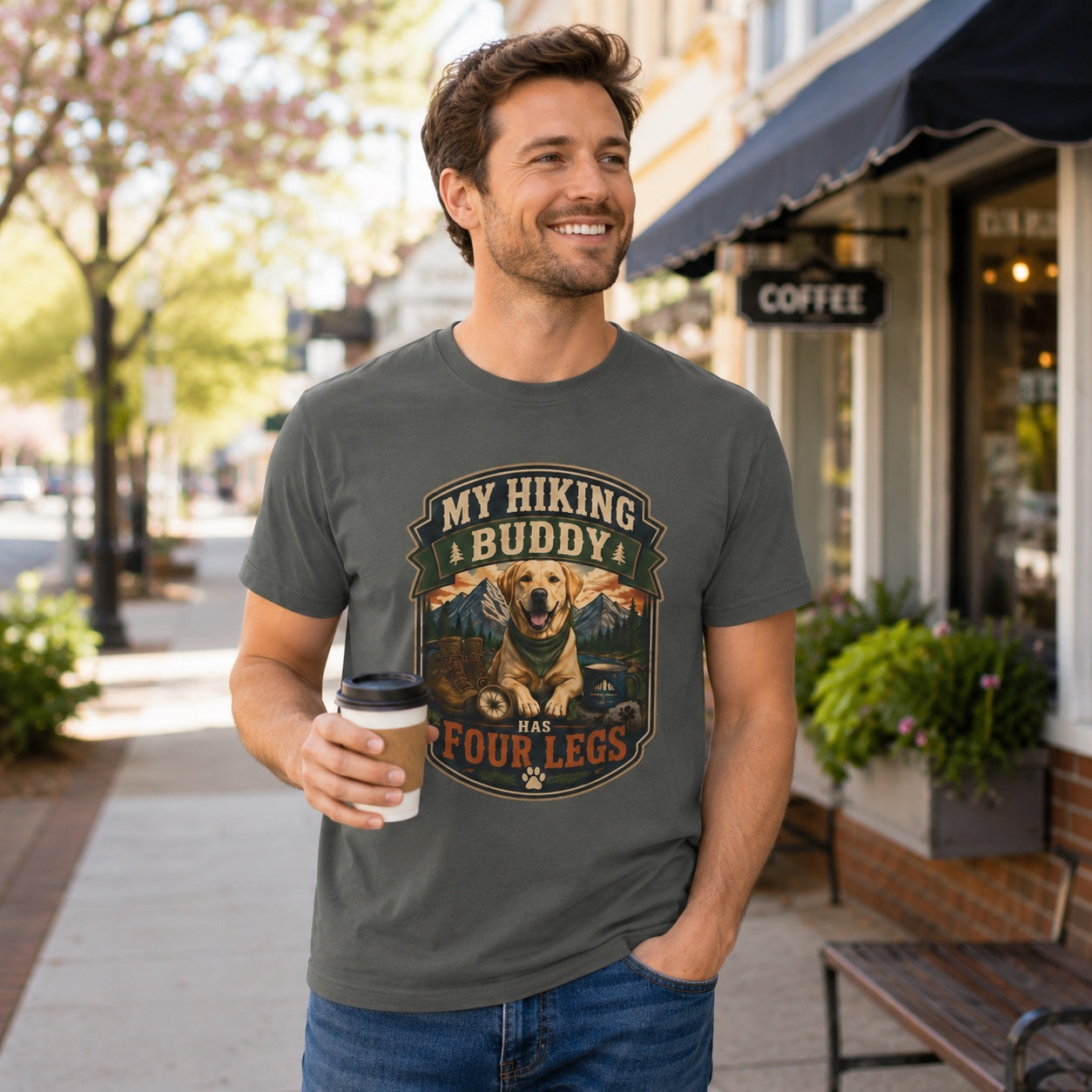 Man in pepper hiking dog t-shirt walking a tree-lined street holding coffee