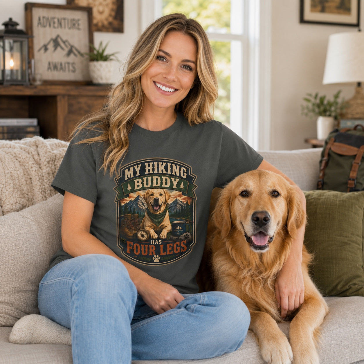 Woman relaxing on a living room couch with golden retriever, wearing pepper hiking buddy dog t-shirt