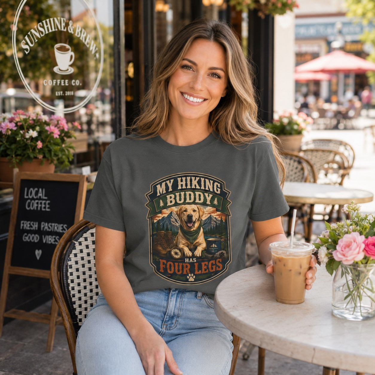 Woman in pepper hiking dog t-shirt seated at an outdoor cafe table near flowers