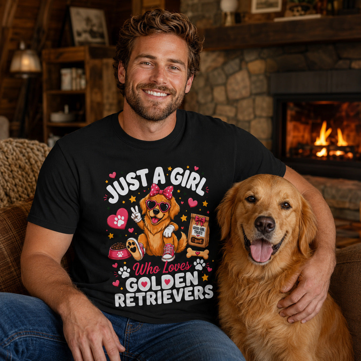 Man sitting by a fireplace with his golden retriever, wearing black 'Just A Girl Who Loves Golden Retrievers' t-shirt