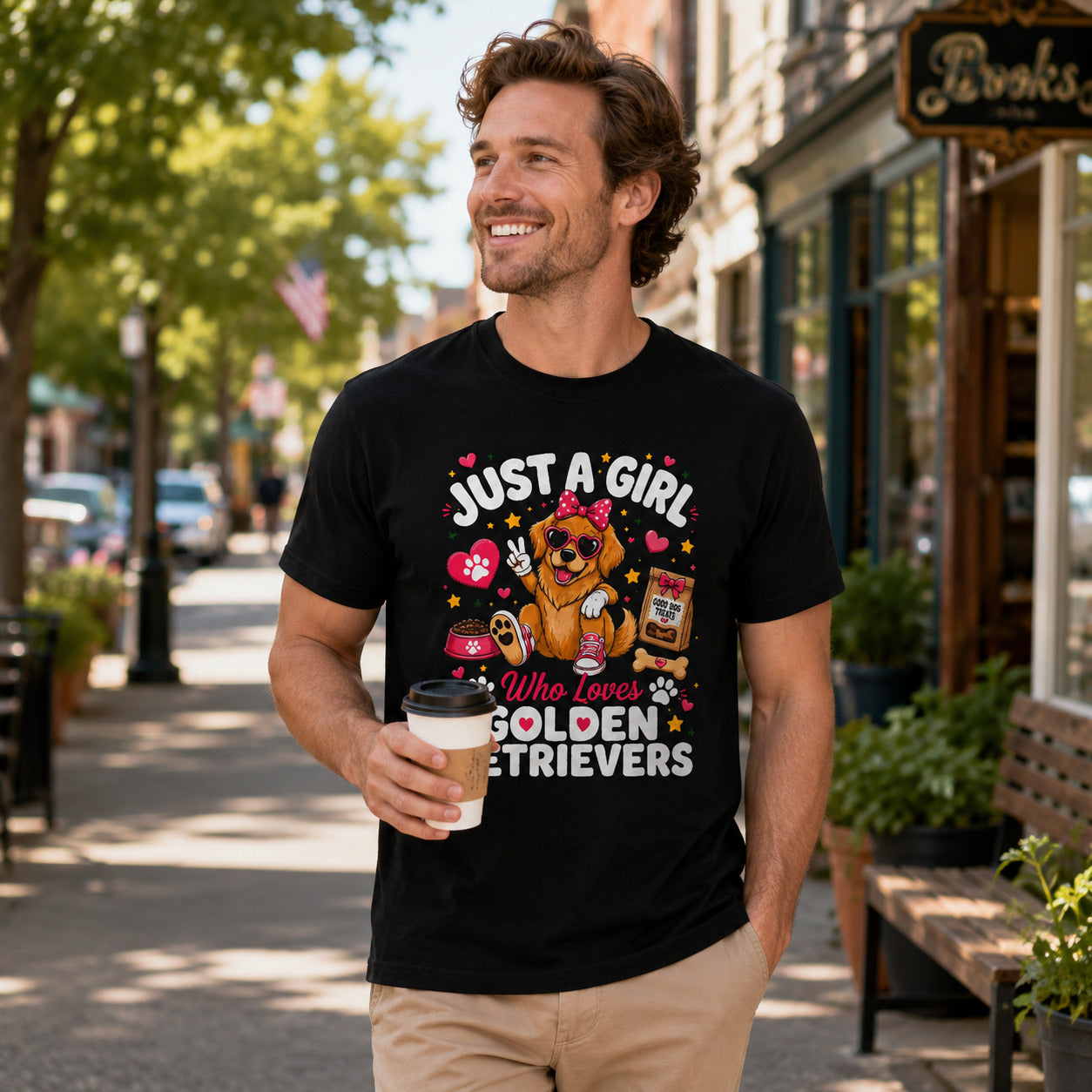 Man walking down a street holding coffee, wearing black 'Just A Girl Who Loves Golden Retrievers' t-shirt
