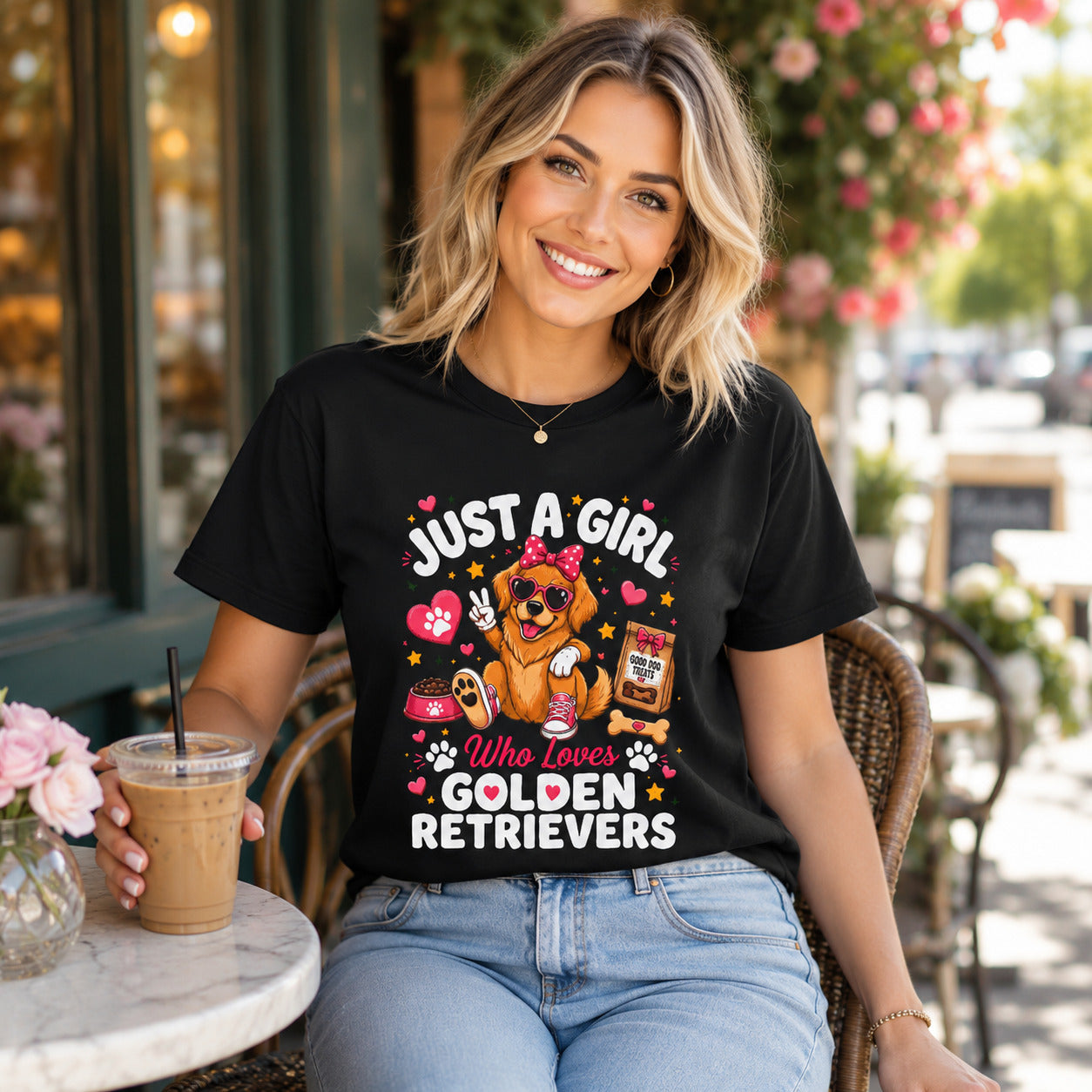 Woman sitting at an outdoor cafe holding iced coffee, wearing black 'Just A Girl Who Loves Golden Retrievers' t-shirt