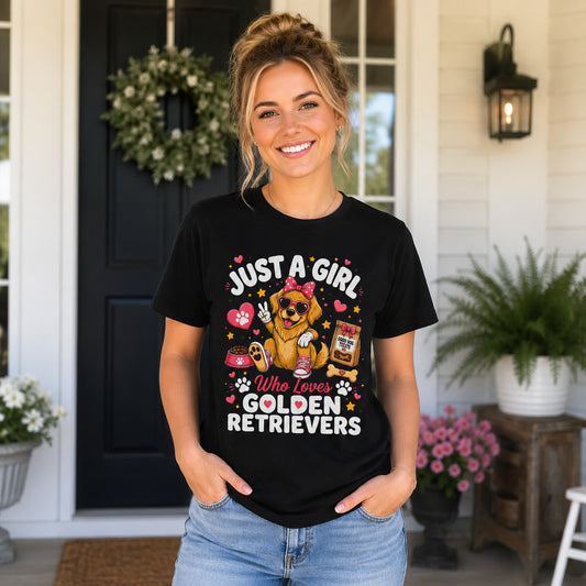 Woman standing on a porch wearing black 'Just A Girl Who Loves Golden Retrievers' t-shirt