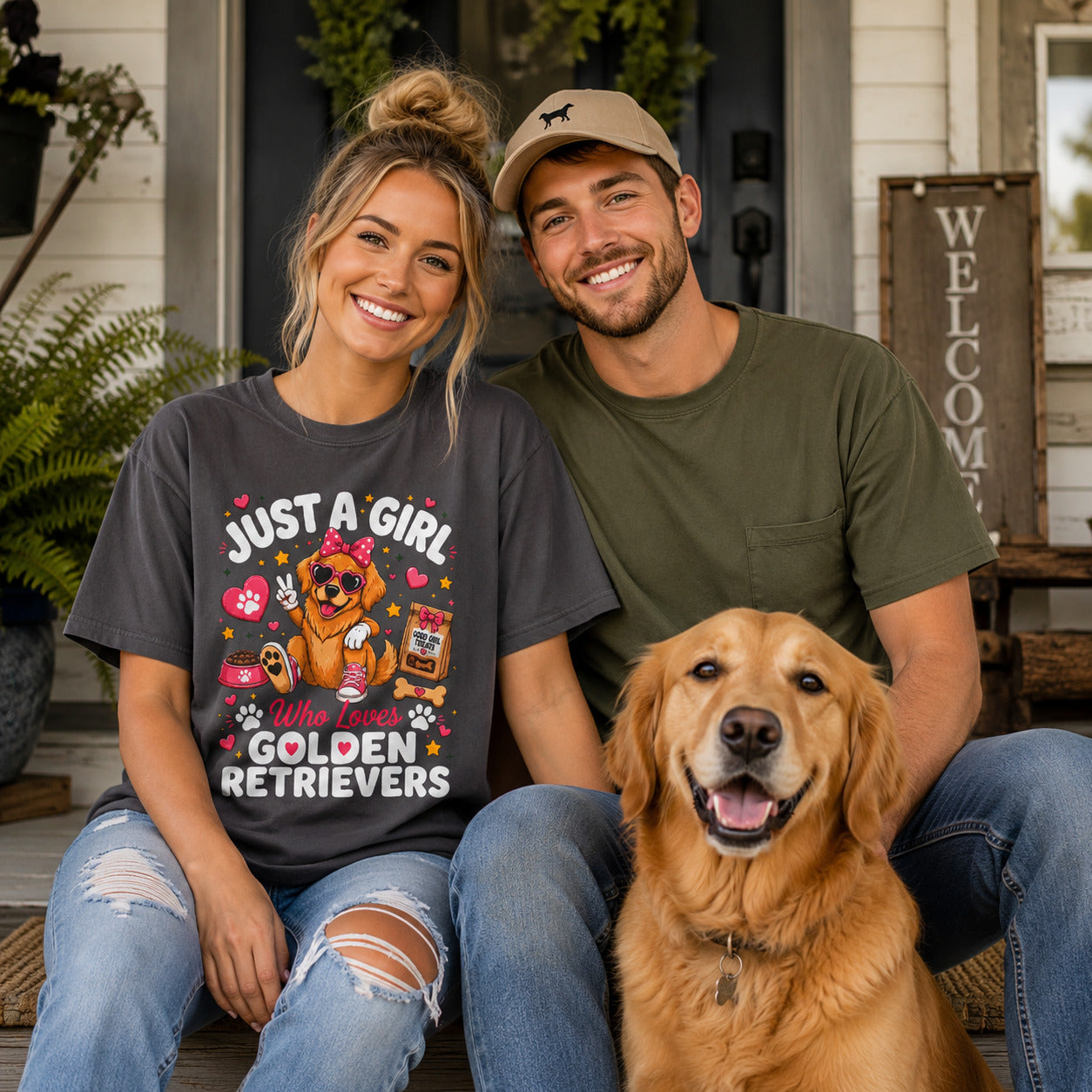 Couple sitting on a porch near a 'Welcome' sign with their golden retriever, wearing graphite 'Just A Girl Who Loves Golden Retrievers' t-shirts