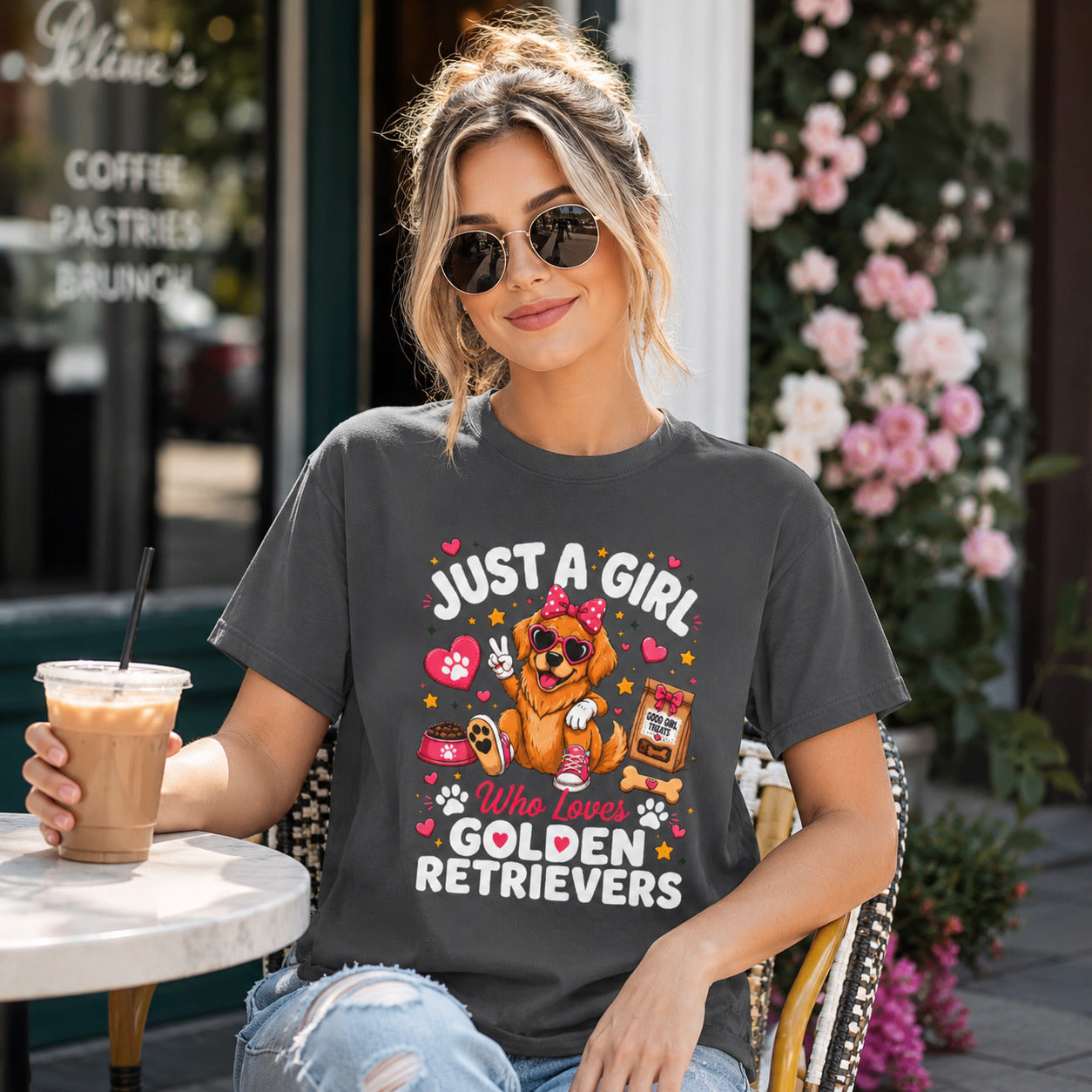 Woman sitting at an outdoor cafe with sunglasses holding iced coffee, wearing graphite 'Just A Girl Who Loves Golden Retrievers' t-shirt