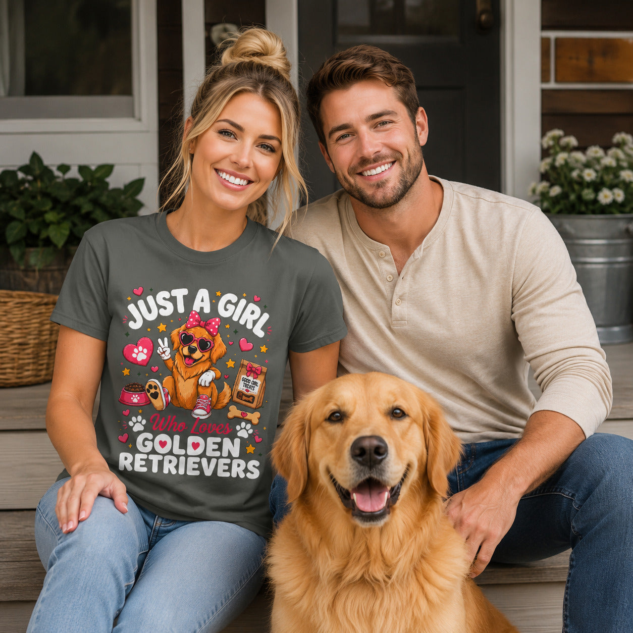 Couple sitting on a porch with their golden retriever, wearing pepper 'Just A Girl Who Loves Golden Retrievers' t-shirts