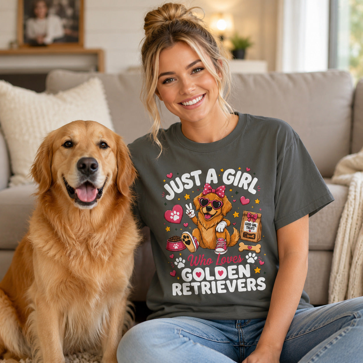 Woman sitting on a couch with her golden retriever, wearing pepper 'Just A Girl Who Loves Golden Retrievers' t-shirt