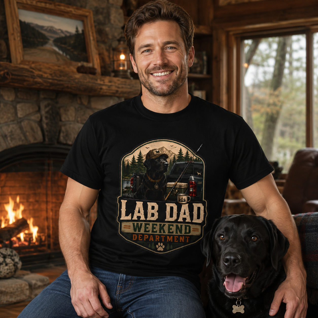 Man sitting by a fireplace with his black Labrador, wearing black 'Lab Dad Weekend' t-shirt