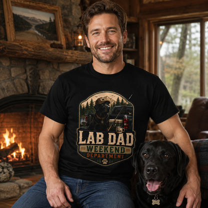 Man sitting by a fireplace with his black Labrador, wearing black 'Lab Dad Weekend' t-shirt