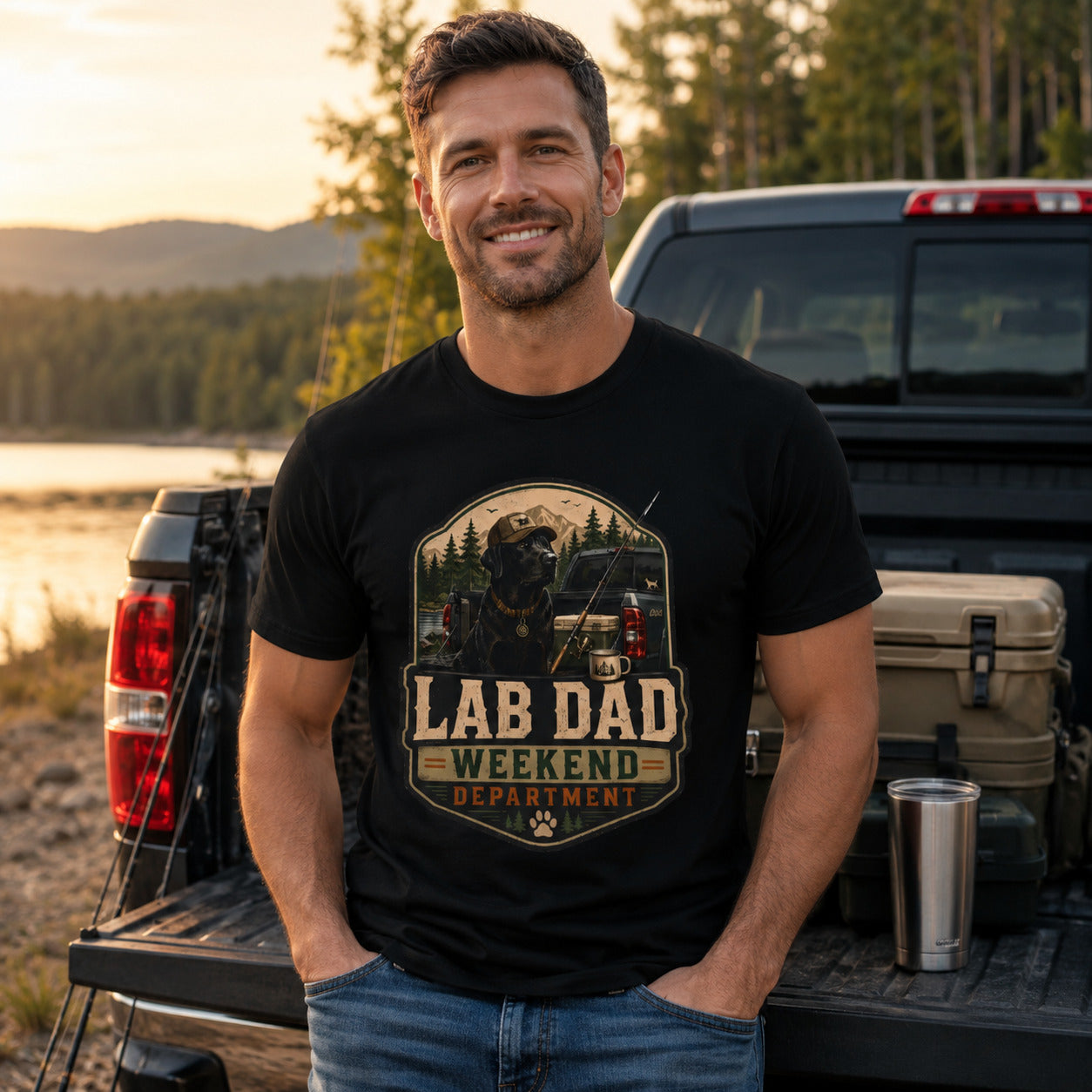 Man standing at a truck bed by a lake, wearing black 'Lab Dad Weekend' t-shirt