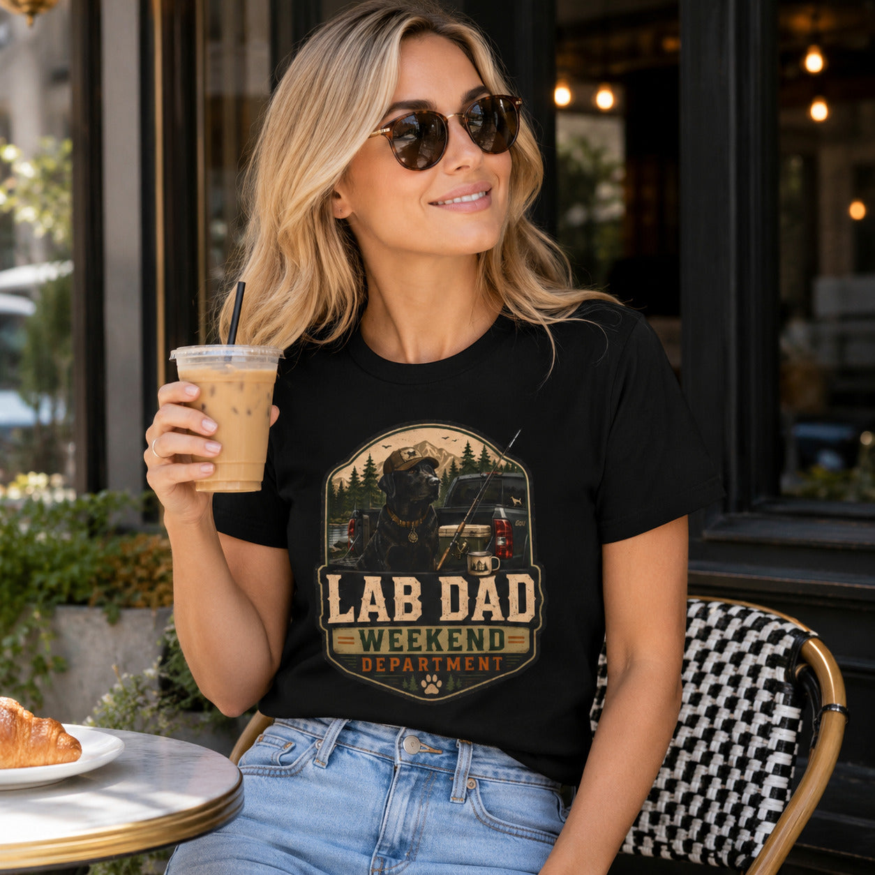 Woman sitting at an outdoor cafe with sunglasses holding coffee, wearing black 'Lab Dad Weekend' t-shirt