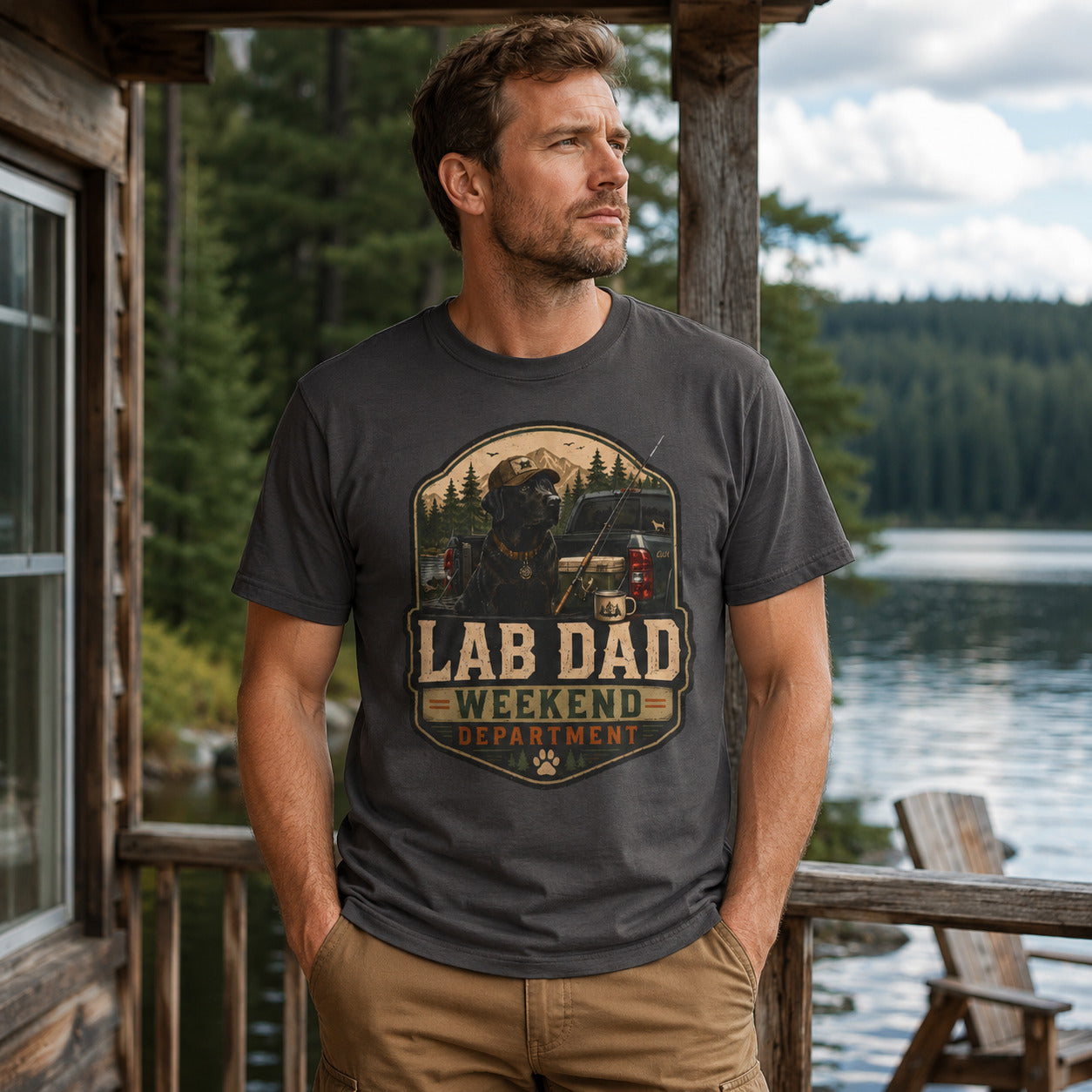 Man standing lakeside on a porch, wearing graphite 'Lab Dad Weekend' t-shirt
