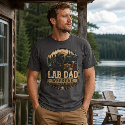 Man standing lakeside on a porch, wearing graphite 'Lab Dad Weekend' t-shirt