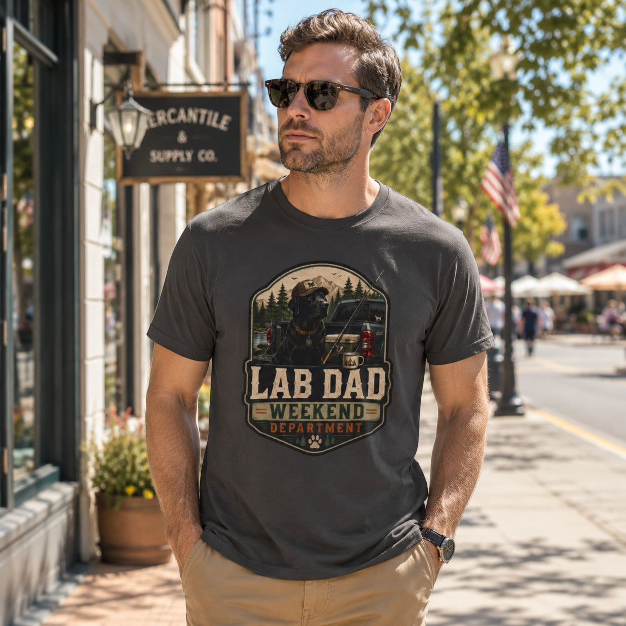 Man walking a sidewalk near a shop with sunglasses, wearing graphite 'Lab Dad Weekend' t-shirt