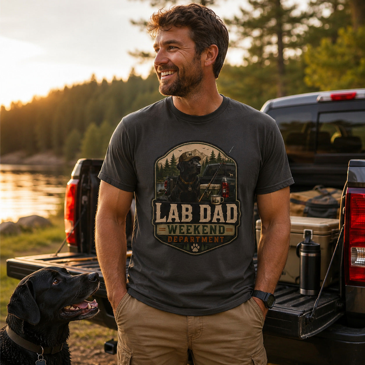 Man standing at a truck bed by a lake with his black Labrador, wearing graphite 'Lab Dad Weekend' t-shirt