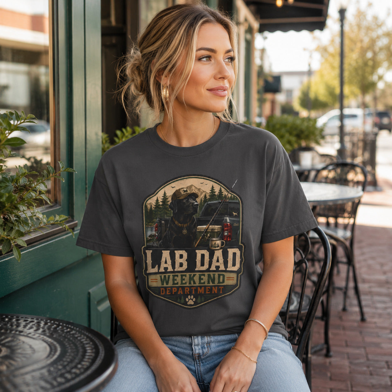 Woman standing on a porch, wearing graphite 'Lab Dad Weekend' t-shirt