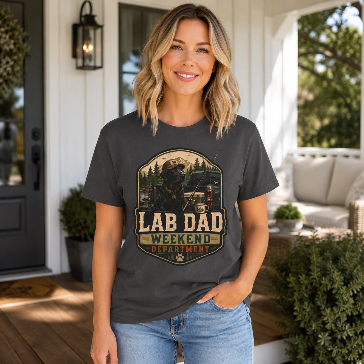 Woman standing on a porch wearing graphite 'Lab Dad Weekend' fishing camping t-shirt