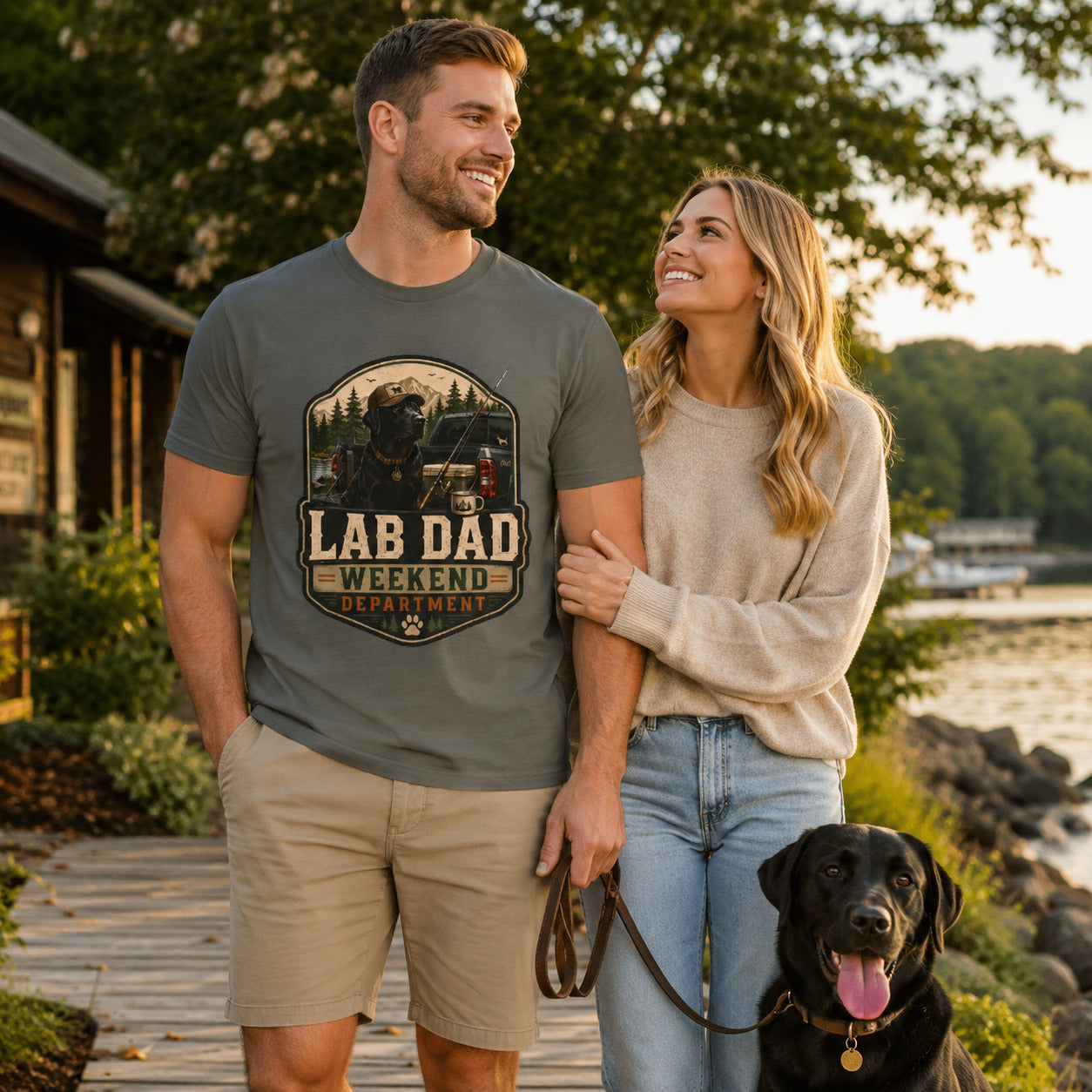 Couple walking a sidewalk with their black Labrador, wearing pepper 'Lab Dad Weekend' t-shirts