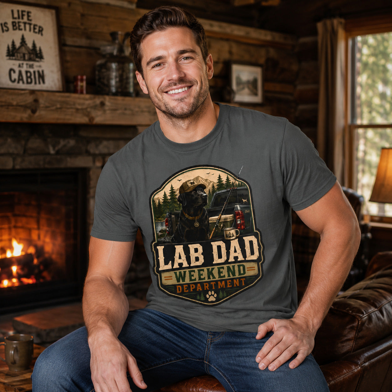 Man sitting by a cabin fireplace, wearing pepper 'Lab Dad Weekend' t-shirt