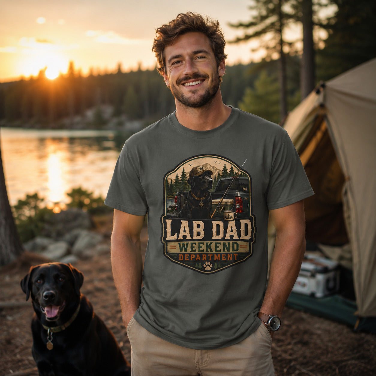 Man standing lakeside at sunset with his black Labrador, wearing pepper 'Lab Dad Weekend' t-shirt