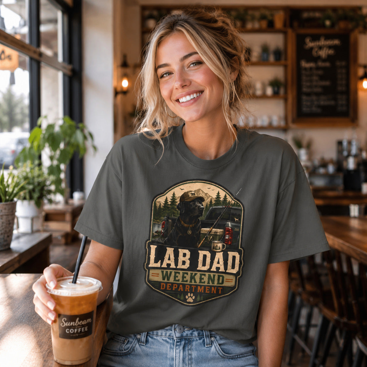 Woman sitting at an outdoor cafe holding iced coffee, wearing pepper 'Lab Dad Weekend' t-shirt
