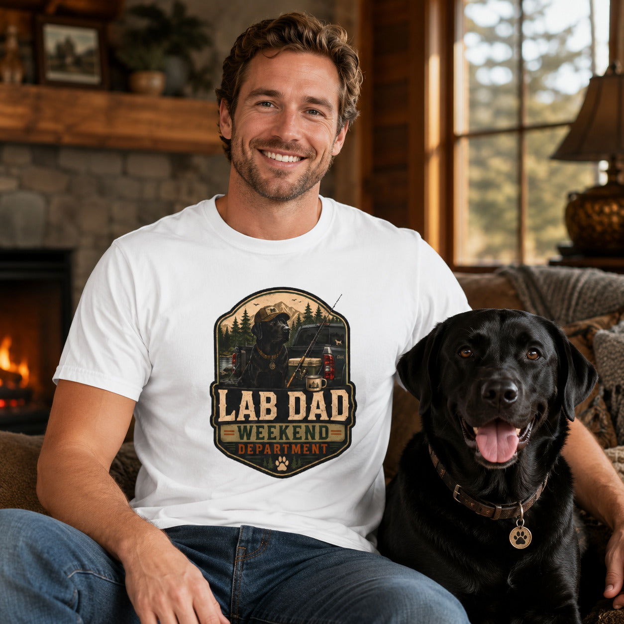 Man sitting by a fireplace with his black Labrador, wearing white 'Lab Dad Weekend' t-shirt