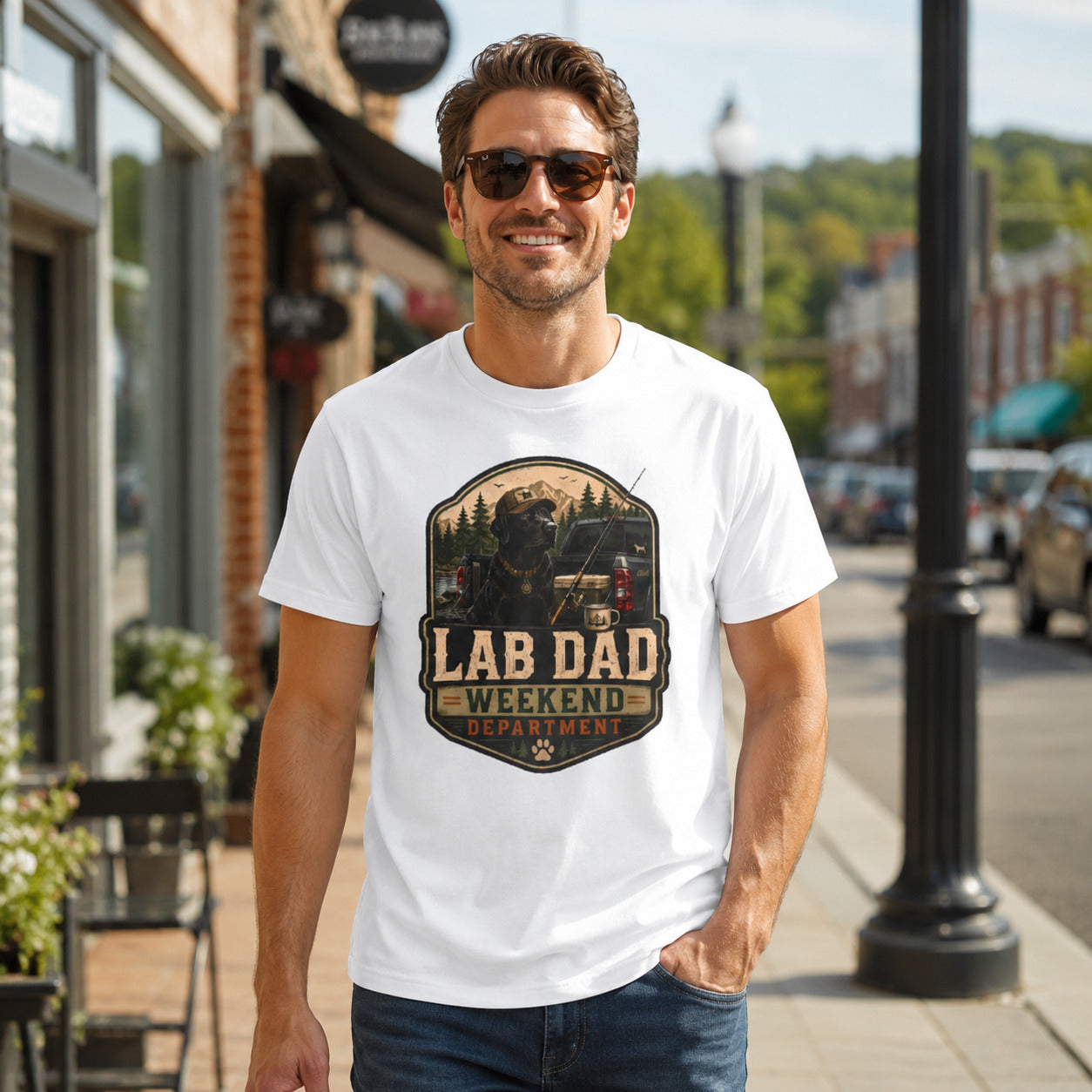 Man walking a sidewalk with sunglasses, wearing white 'Lab Dad Weekend' t-shirt