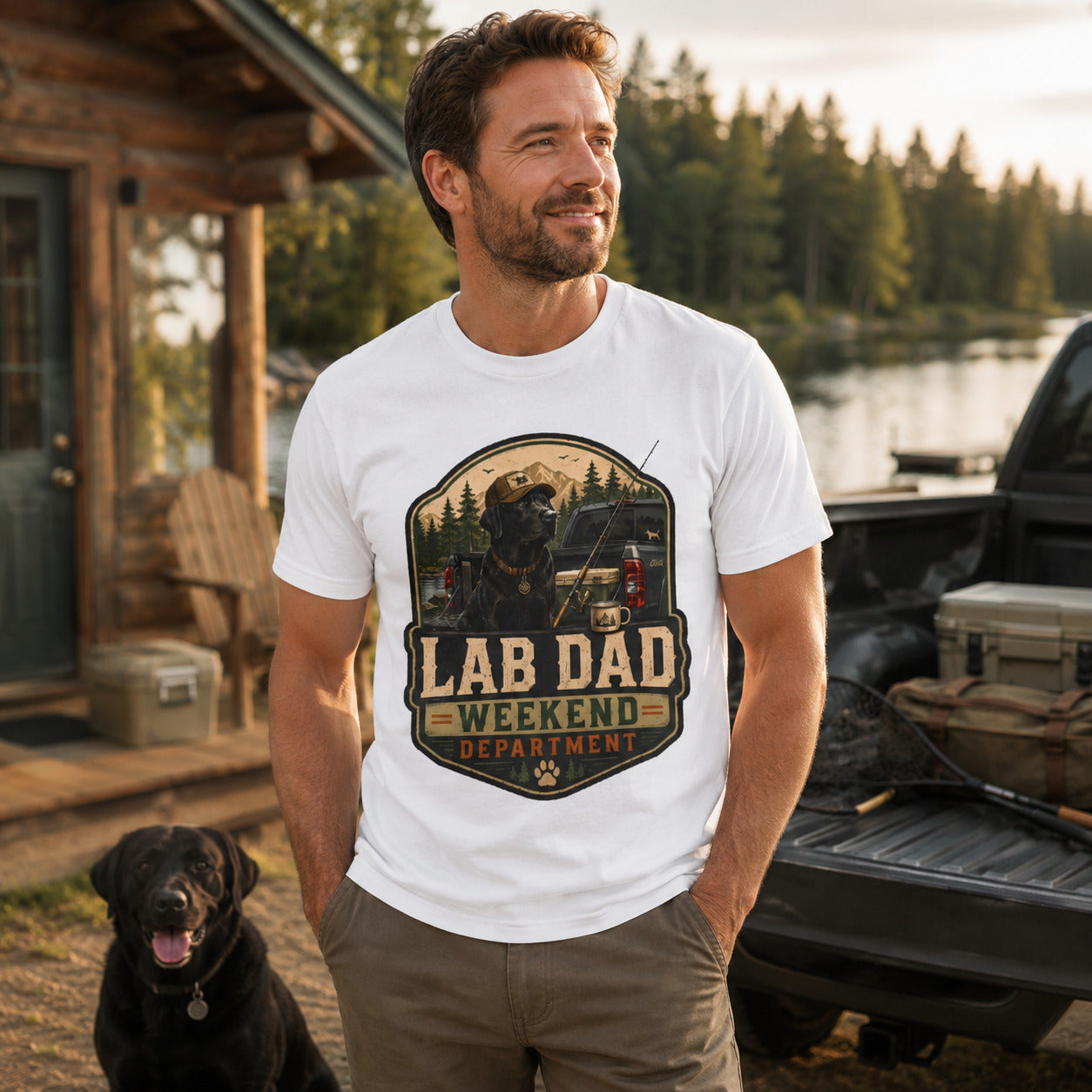 Man standing at a truck bed by a lake with his black Labrador, wearing white 'Lab Dad Weekend' t-shirt