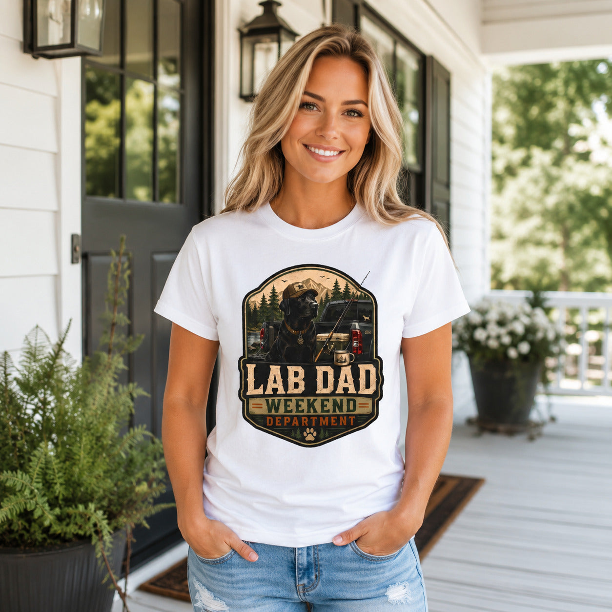 Woman standing on a porch wearing white 'Lab Dad Weekend' fishing camping t-shirt