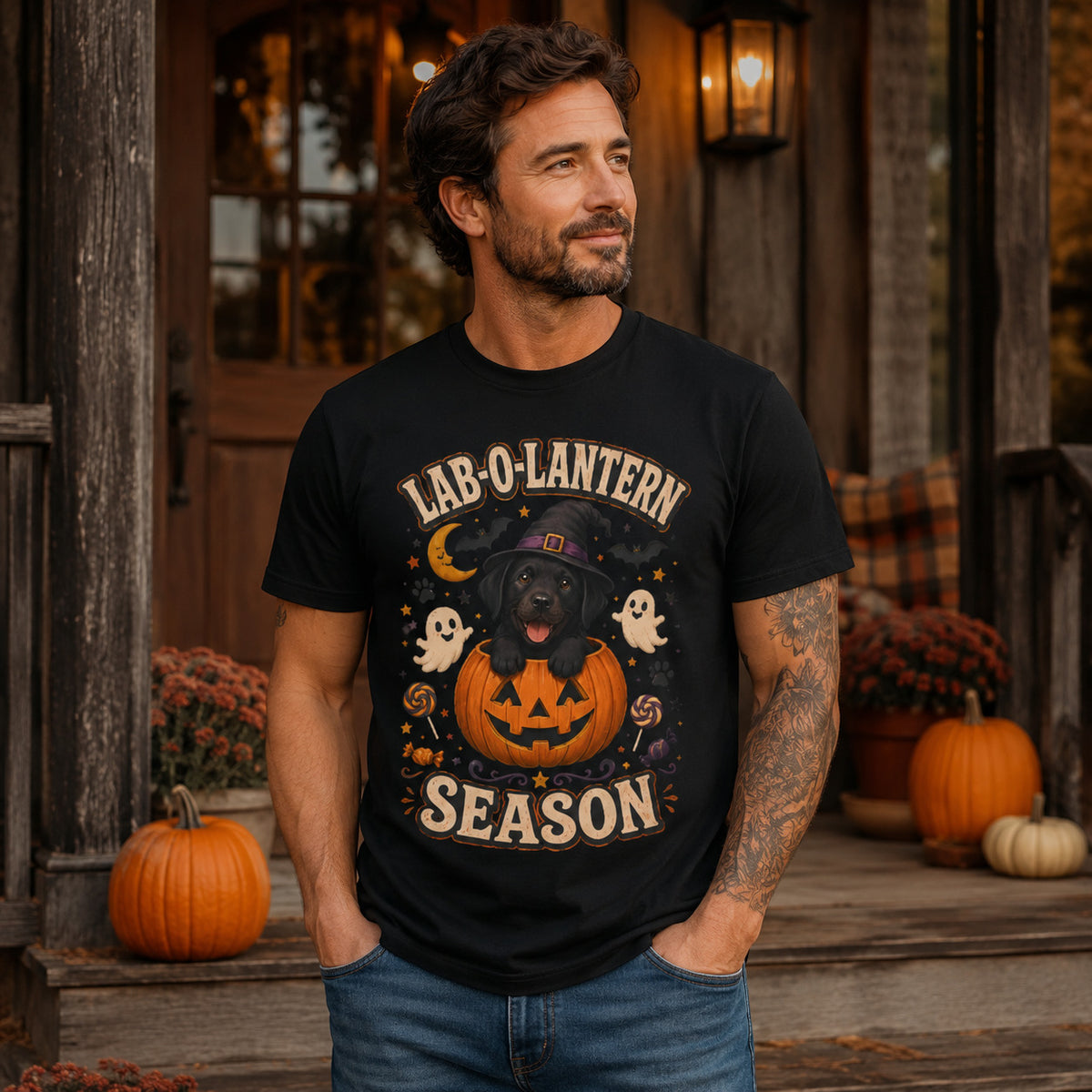 Model wearing a black Lab-O-Lantern Season t-shirt with a Black Labrador and pumpkin in a Halloween scene