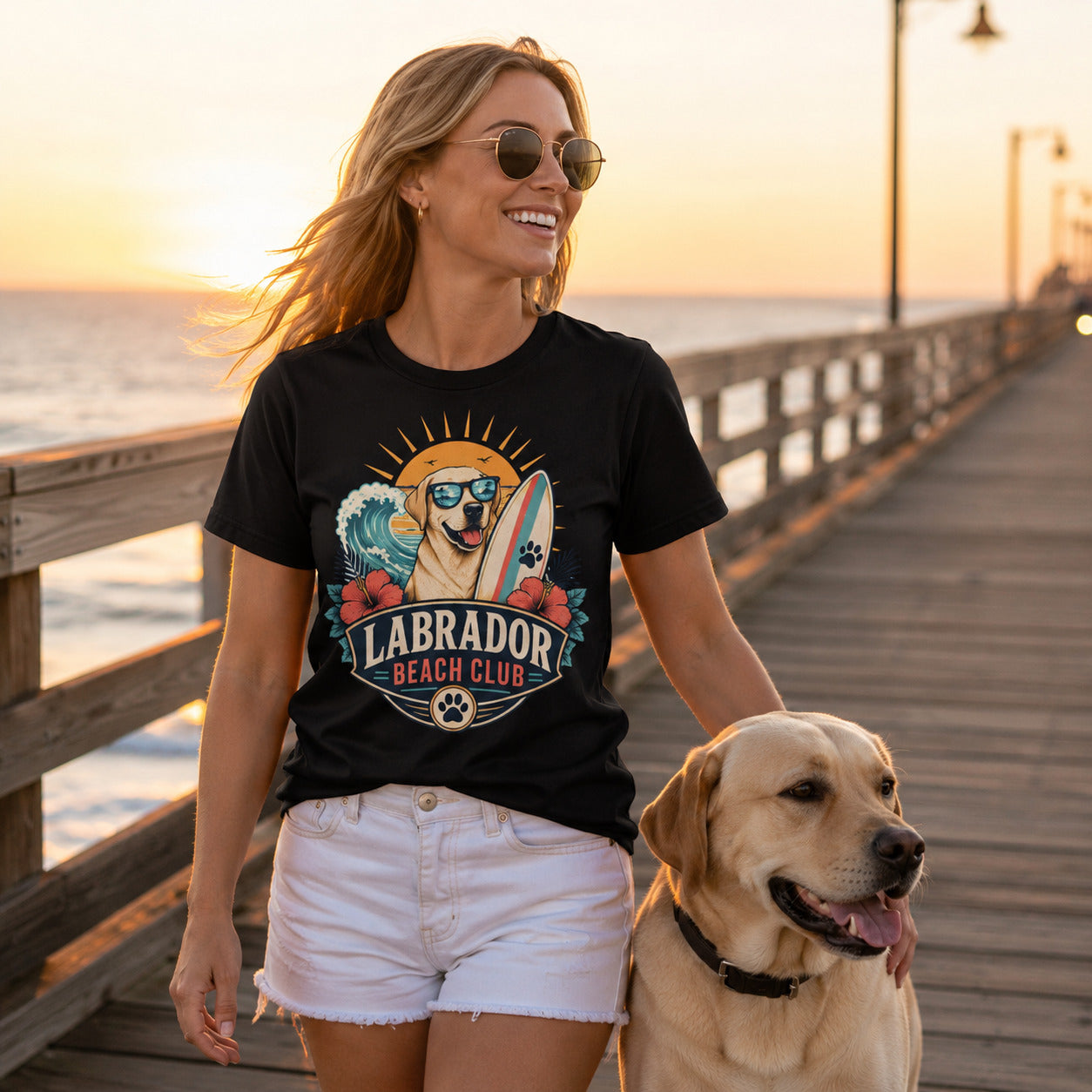 Model wearing a black Labrador Beach Club t-shirt with a Labrador in a beach scene