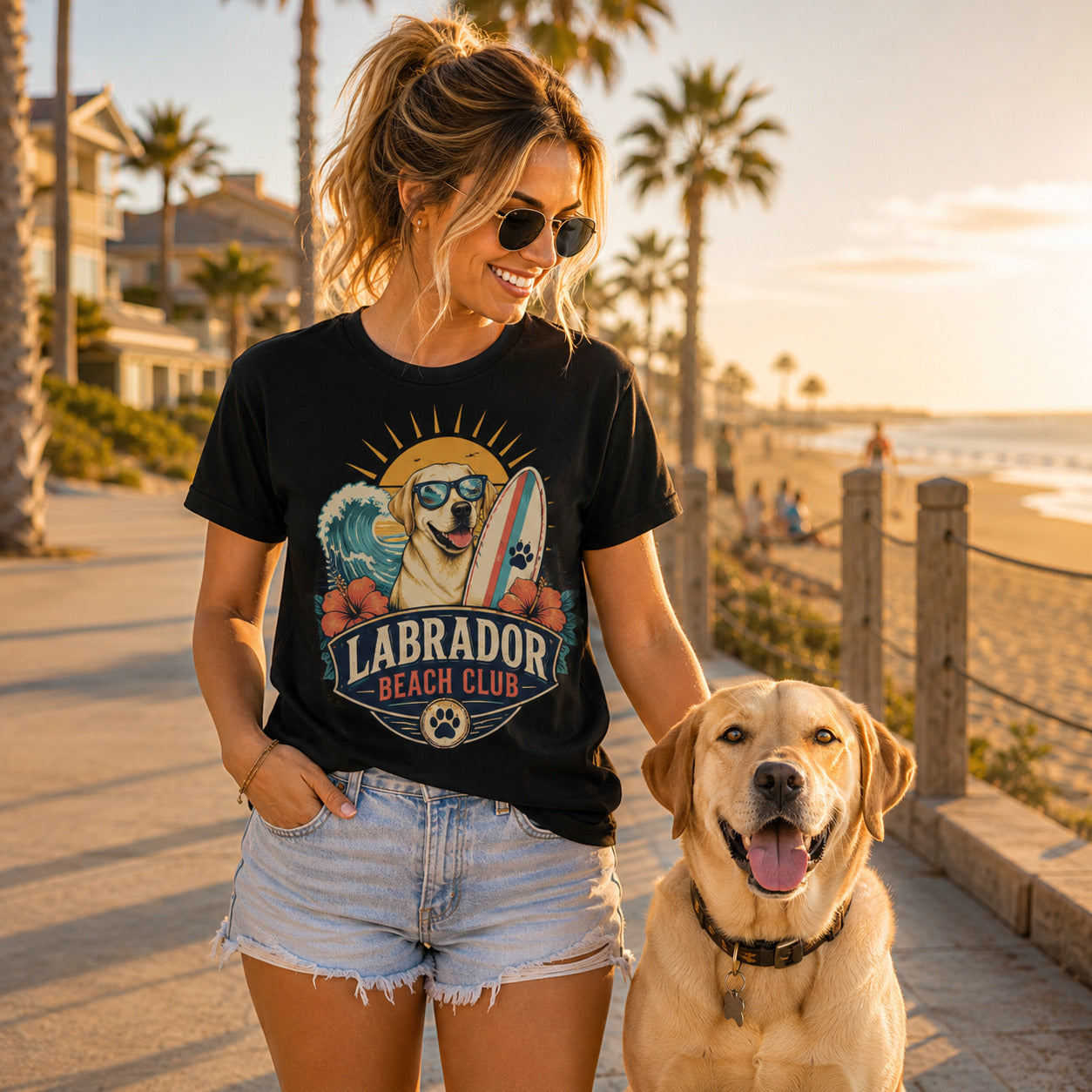 Model wearing a black Labrador Beach Club t-shirt with a Labrador in a beach scene