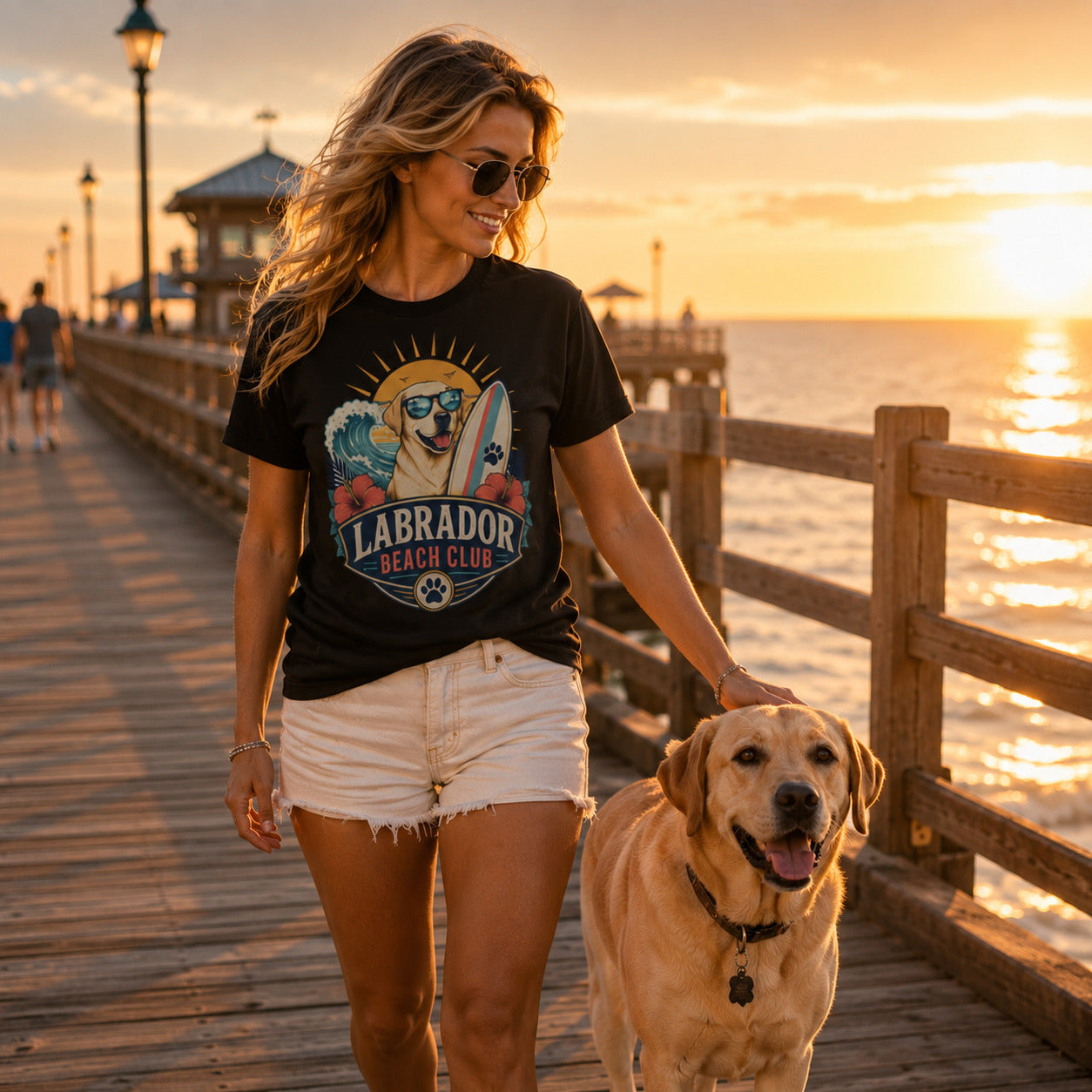 Model wearing a black Labrador Beach Club t-shirt with a Labrador in a beach scene