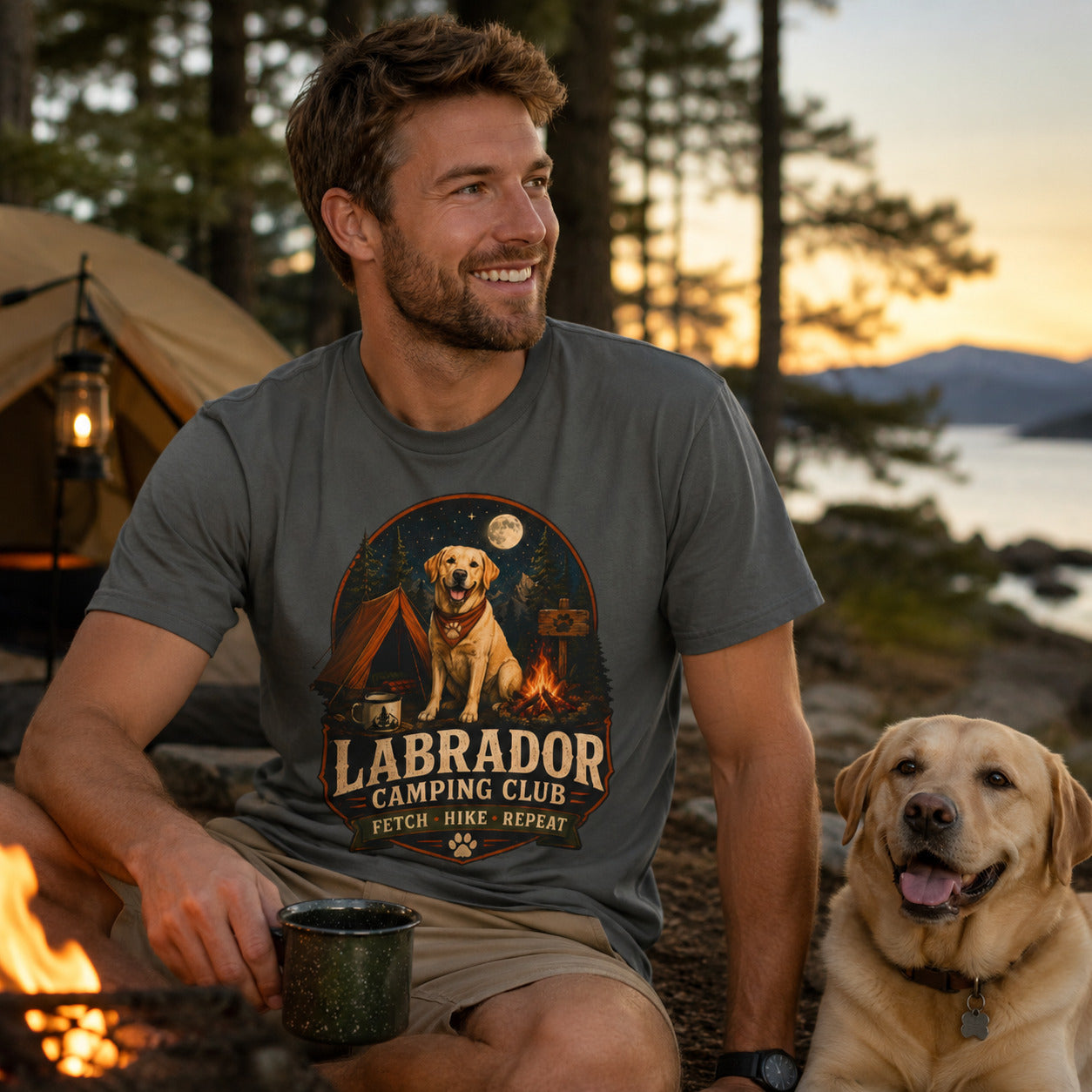 Man wearing a pepper Labrador Camping Club Fetch Hike Repeat T-shirt with a Labrador at a lakeside campsite.