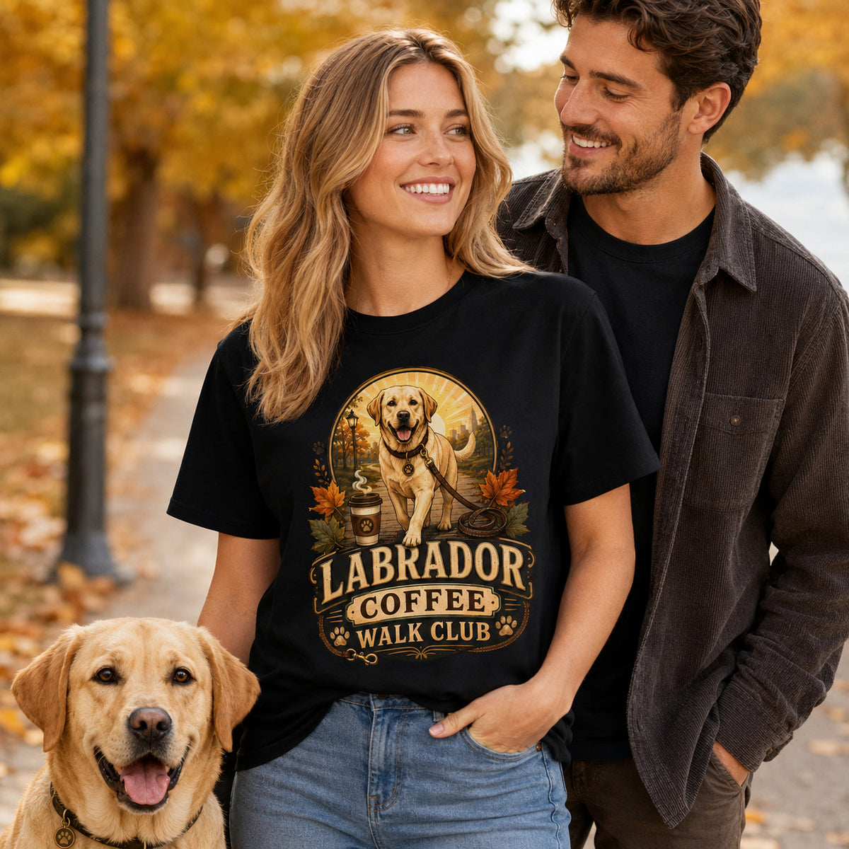 Couple wearing black Labrador Coffee Walk Club t-shirts in an autumn park with a Labrador